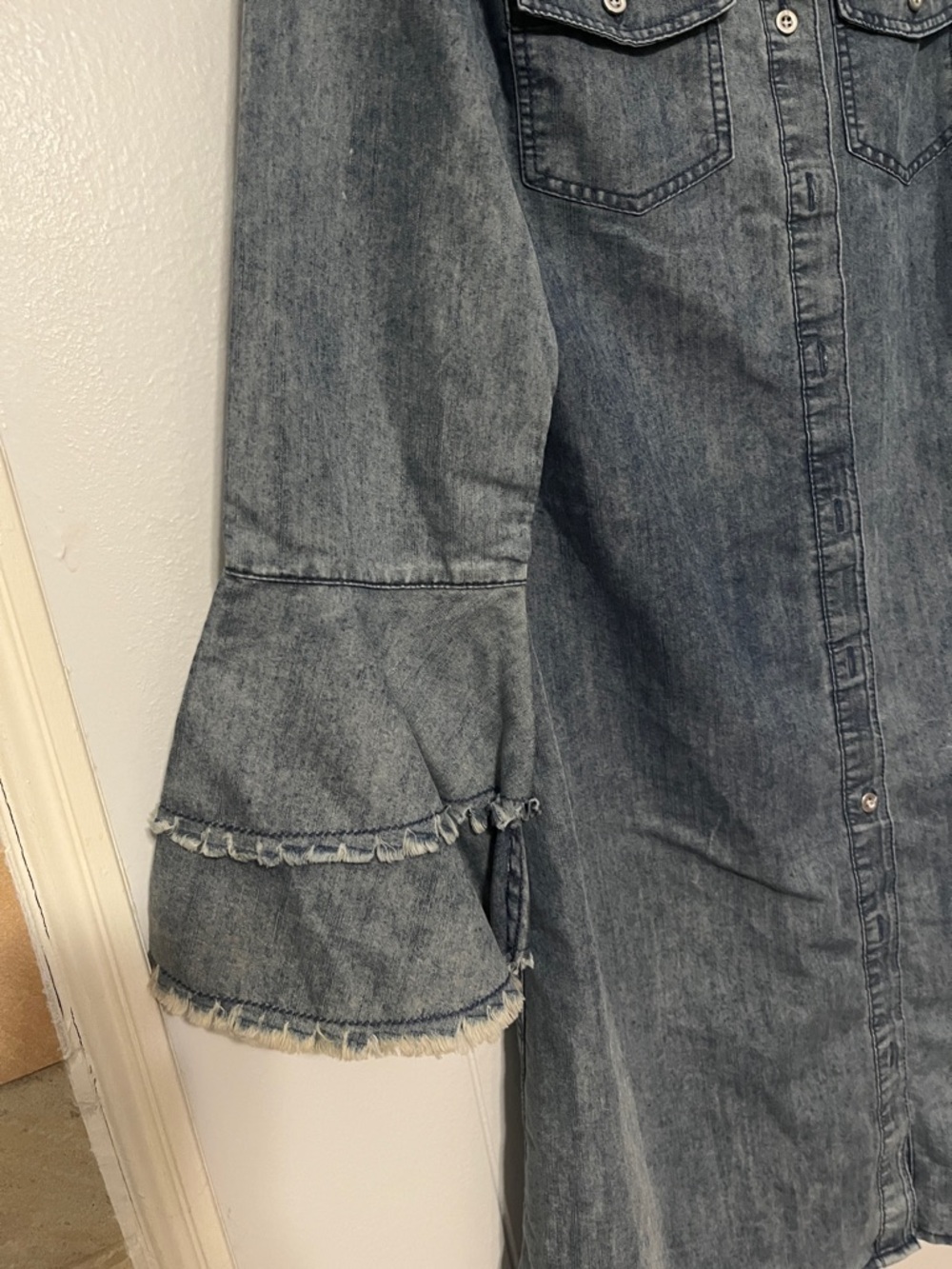 Washed Denim Midi Shirt Dress with Ruffle Sleeves - Blue - Picture 4 of 8